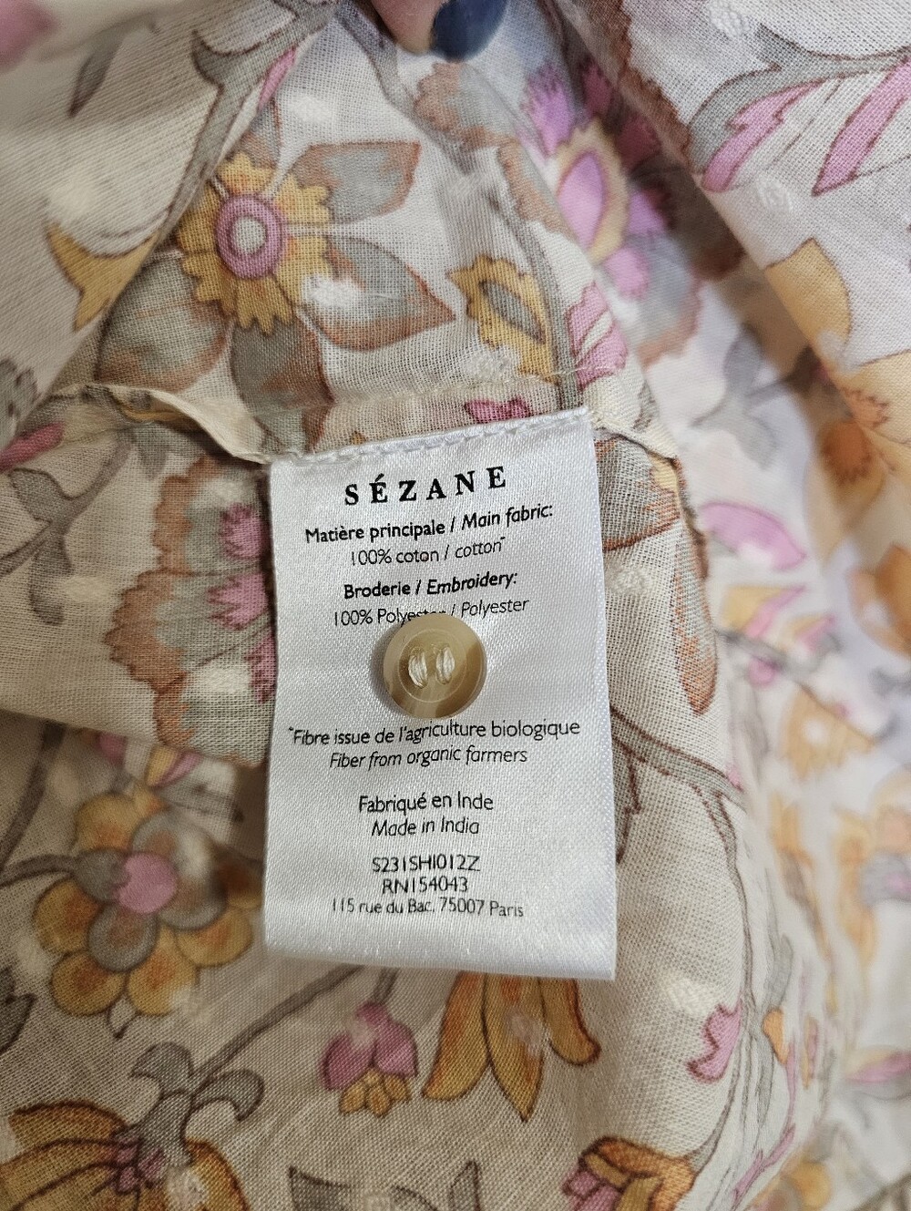 $185 NWT! Sezane Chlo Floral Ivory Pink Yellow Organic Cotton Size 34 US 2 XS S - Picture 6 of 7